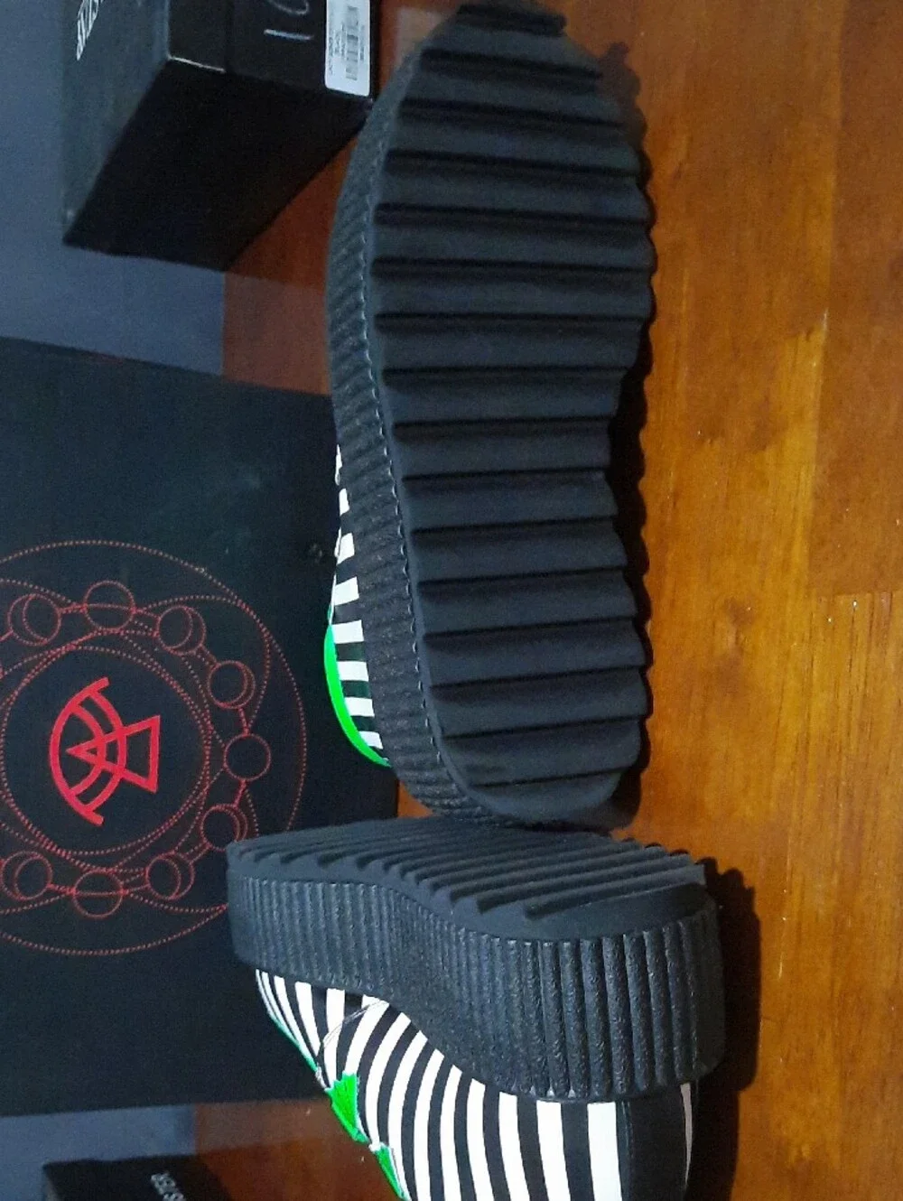 Womens Platform Creeper Shoes in Black White Stripe with Neon Green Trim